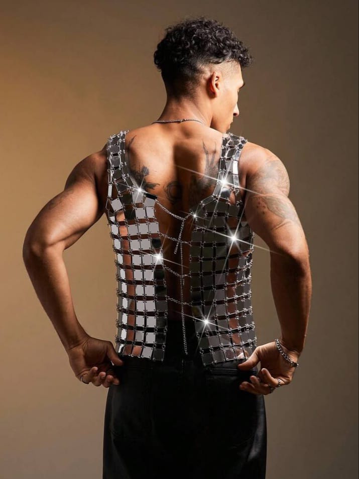 Uptown Funky Man Silver Sequin Linked Fashionable Vest Tank Top,